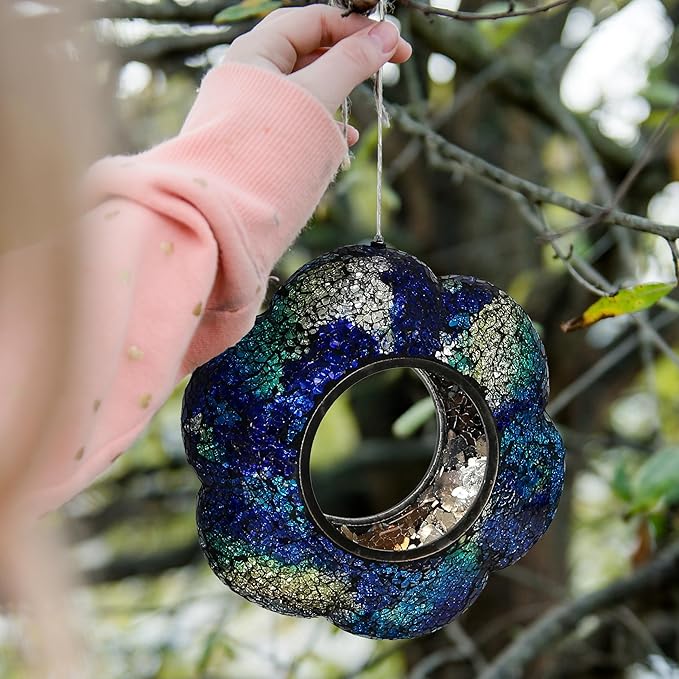 Sunnydaze 10-Inch Glass Mosaic Hanging Bird Feeder for Outdoors - Fly-Through Wild Bird Feeder - Indigo Flower Mosaic