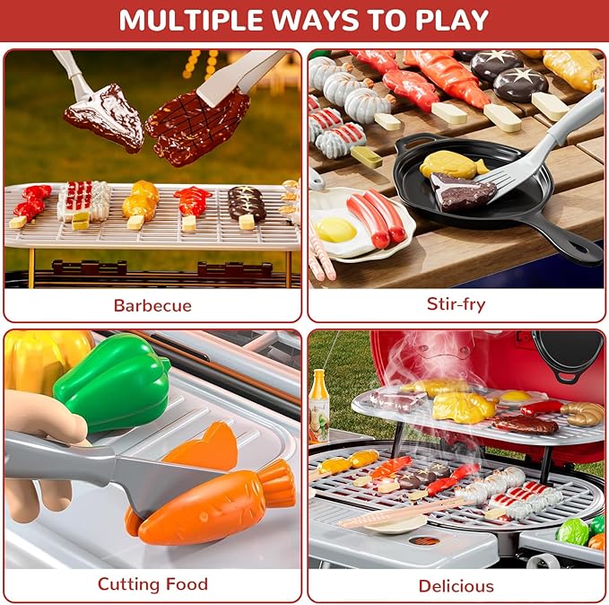 Kids BBQ Grill Playset - 69PCS Kitchen Playset with Smoke, Light, Sound - 2-Layer Toy Grill Barbecue Cooking Set - Pretend Play Food Hamburger, Interactive Toy for Kids 4-8 Boys Girls