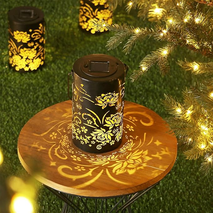 Solar Lanterns Outdoor Hanging Waterproof Metal Lotus Pattern Lanterns for Garden Patio Yard Lawn Front Porch Decor as Birthday Gifts for Mom Grandma Women