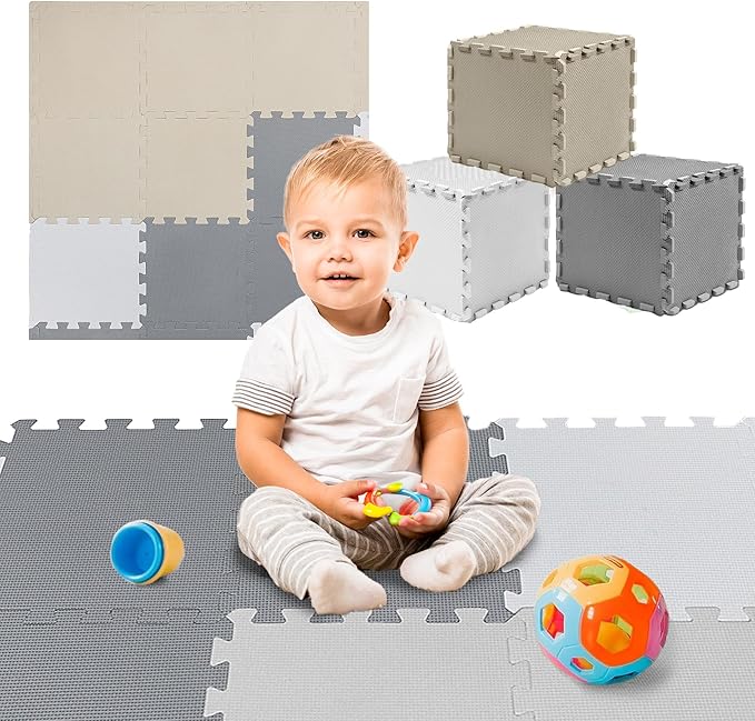 TOYVELT Foam Puzzle Floor Mat for Kids 12x12-32 Interlocking Play Mat Tiles with Colors - Educational Large Puzzle Foam Floor Tiles for Crawling, Non-Toxic - Cream-Gray-Beige