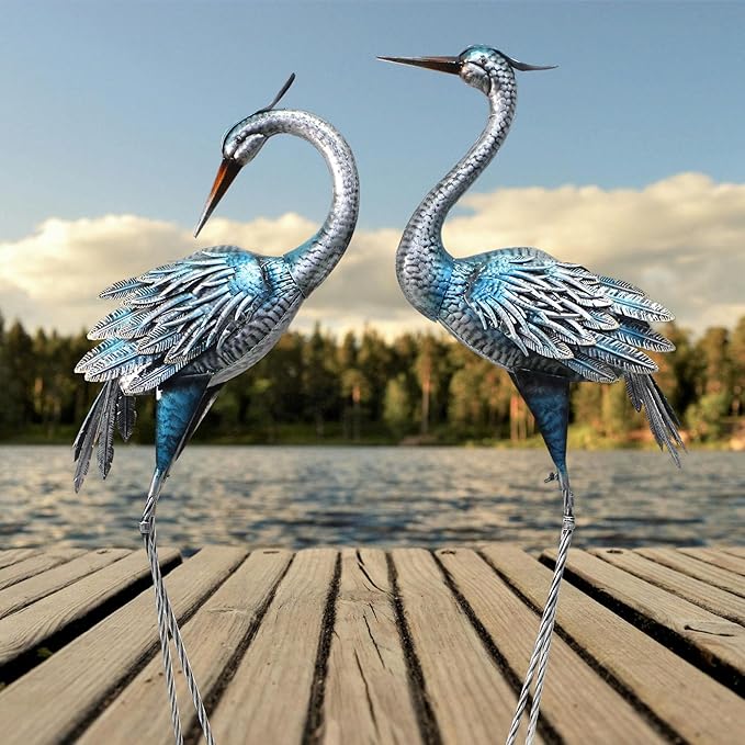 Crane Decor Statues, Blue Heron Garden Statues Metal Yard Art Outdoor Decoy, Garden Sculptures & Statues for Yard/Lawn/Pond/Outdoor Decoration, Set of 2