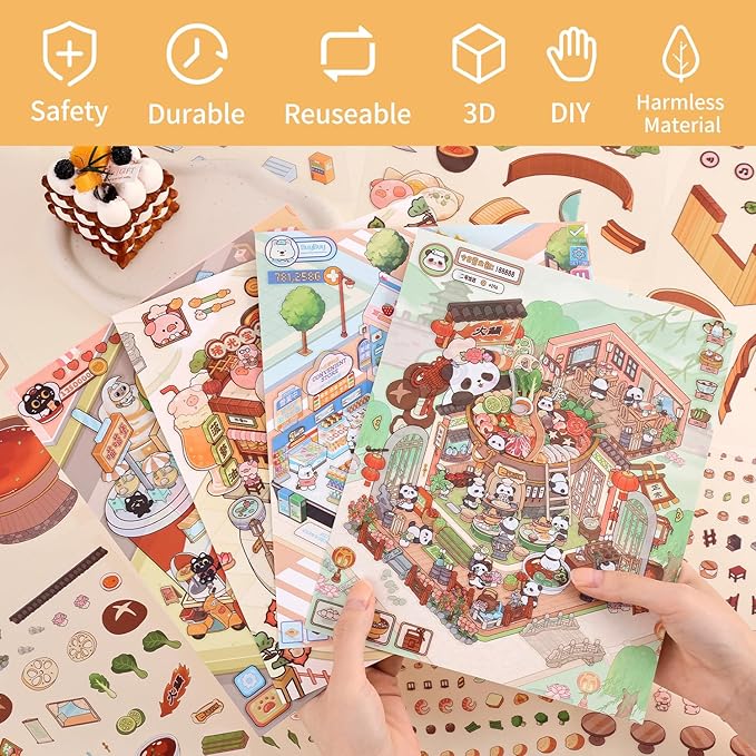 Girls 3D Miniature Scene Stickers, 4 Sets Mini Stores DIY House Stickers for Burger, Hot Pot, Convenience Store, Breakfast, Cute 3D Cartoon Scene Stickers for Adult Kids Relief Stress Pass The Time