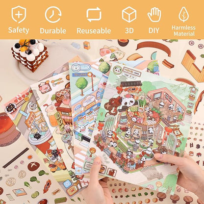 Girls 3D Miniature Scene Stickers, 4 Sets Mini Stores DIY House Stickers for Burger, Hot Pot, Convenience Store, Breakfast, Cute 3D Cartoon Scene Stickers for Adult Kids Relief Stress Pass The Time