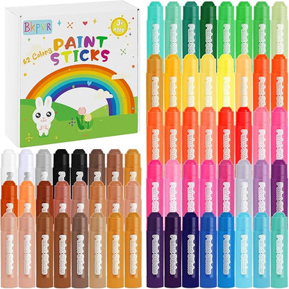 62 Colors Solid Tempera Paint Sticks, Washable Paint Sticks Bulk, Quick Drying, Non-Toxic, Rainbow Colors Tempera Stick Kids Toddler, No Mess Art Supplies for Paper Wood Glass Ceramic Canvas