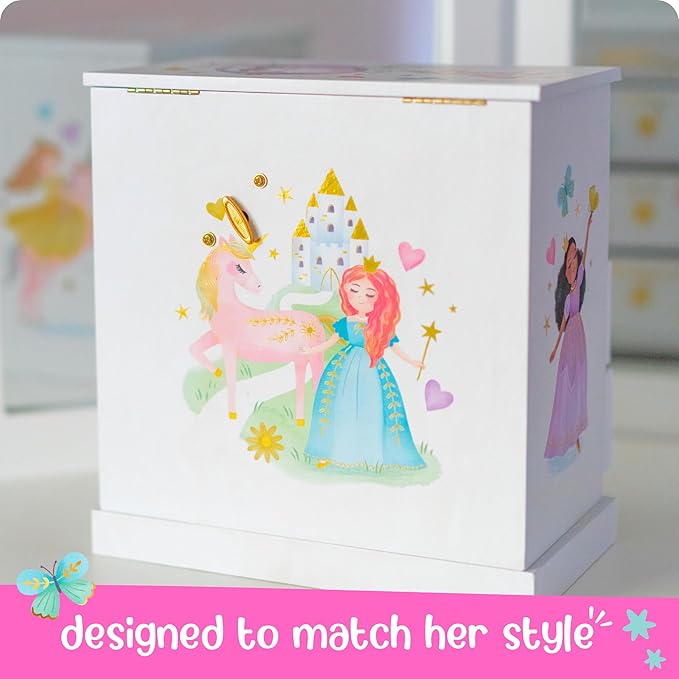 Giggle & Honey Princess Musical Jewelry Box for Girls - Kids Music Box with Drawers, Fairytale Gifts for Girls Birthday, Princess Jewelry Boxes for Ages 3-10 - 9 x 5 x 9.3 in, White