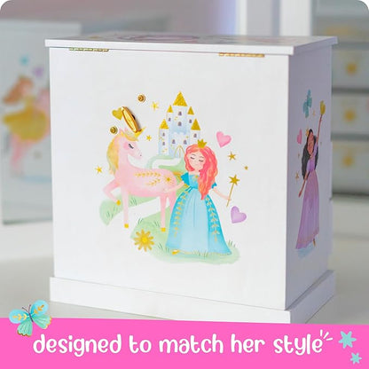 Giggle & Honey Princess Musical Jewelry Box for Girls - Kids Music Box with Drawers, Fairytale Gifts for Girls Birthday, Princess Jewelry Boxes for Ages 3-10 - 9 x 5 x 9.3 in, White