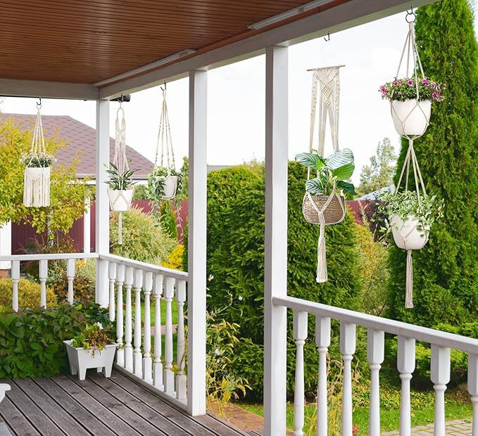 Mkono Macrame Plant Hangers, 6 Pack Indoor Hanging Planters for Plants with 6 Hooks Decorative Hanging Basket Flower Pots Holder Stand in Different Sizes for Boho Home Decor, Ivory