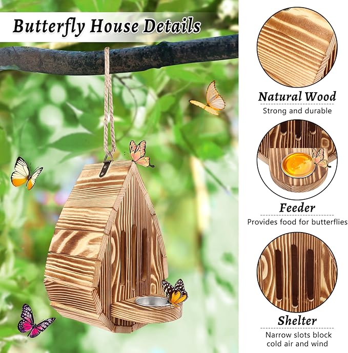 Wooden Butterfly House and Feeder, Hanging Butterfly House for Garden, Natural Butterfly Habitat with Butterfly Puddler for Outside Butterflies, Moths - Backdoor, Easy to Clean
