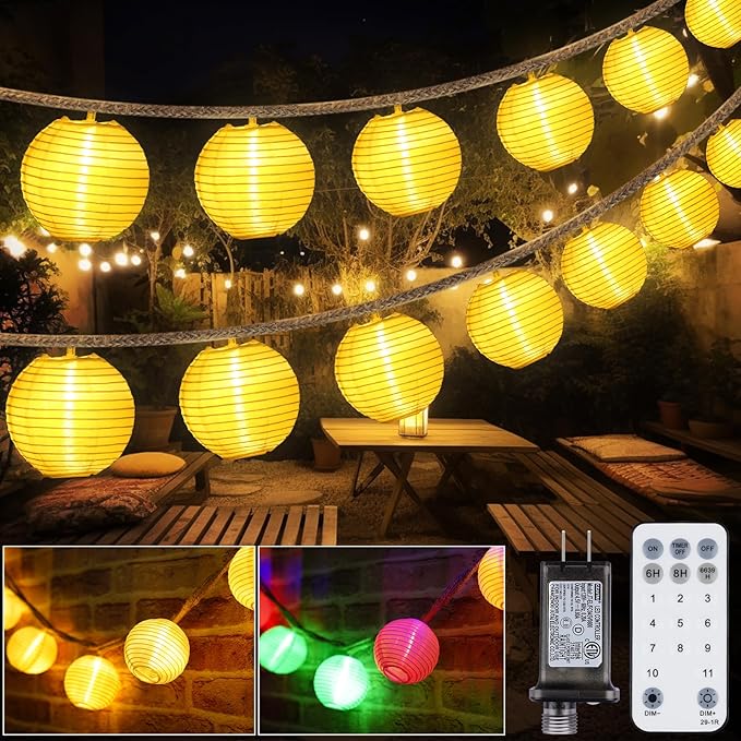 OMIKA Patio Lights Plug in- 40ft 40LED Warm White & Multicolor Mini Lantern Lights Waterproof, Hanging hemp rope String Lights Indoor Outdoor with Remote, Timer for Porch Garden Balcony Party Trees
