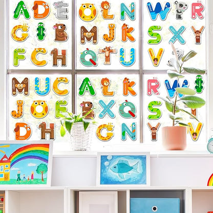 Whaline 52Pcs Alphabet Letters Thick Gel Clings Cute Animals Alphabet ABC Window Gel Decals Colorful Uppercase Animals Stickers for Toddlers Educational Spelling Learning Home Classroom Nursery Decor