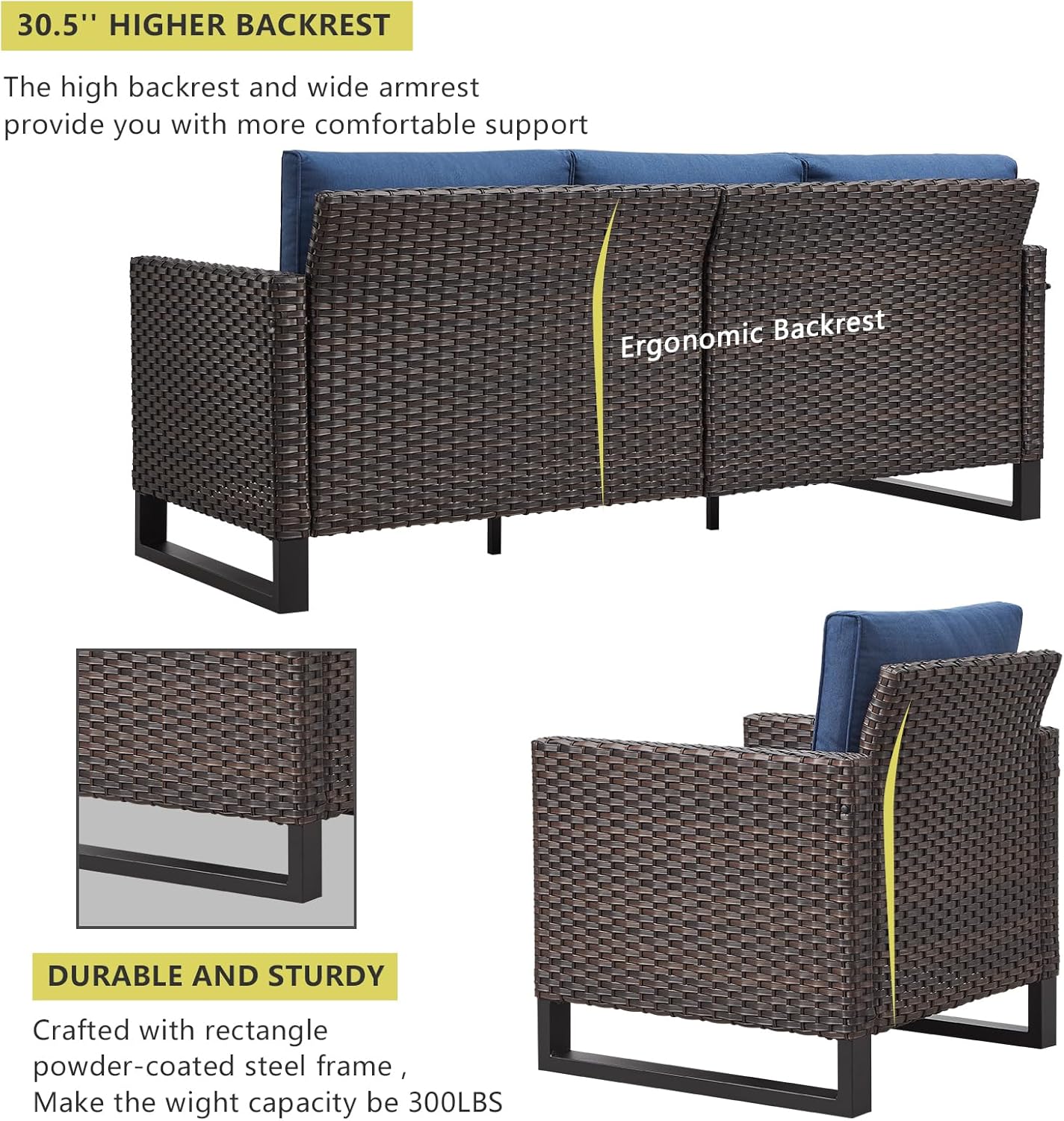 HUMMUH 5 Piece Patio Furniture Set with Fire Pit Table 41in 55,000 BTU,Wicker Outdoor Conversation Sets -Patio Sofa Outdoor Chairs Set of 2 for Porch,Garden,Backyard