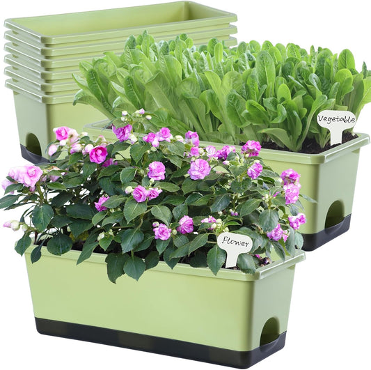 Window Box Planter 8 Pcs, 17 Inches Rectangle Flower Pots with Drainage Holes and Trays, Vegetable Planters for Windowsill Patio Garden Balcony Home Porch Yard Indoor Outdoor (Light Green)