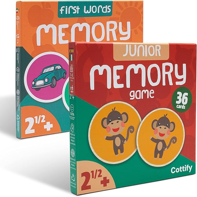 Cottify 2-Pack Wooden Memory Matching Game for Toddlers for Toddlers 3-5 Years, Durable, Toddler Memory Game for Kids 3 and up, Toddler Matching Toy, First Words and Animals, 72 Cards