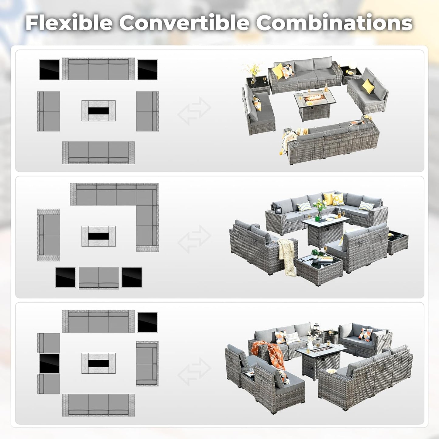 ovios 13 Pieces Patio Furniture Set, Outdoor Wicker Sectional Sofa with 42 Inch Fire Pit Table Comfy Cushions, Modern Modular Deep Seat Rattan Couch Conversation Set, Dark Grey