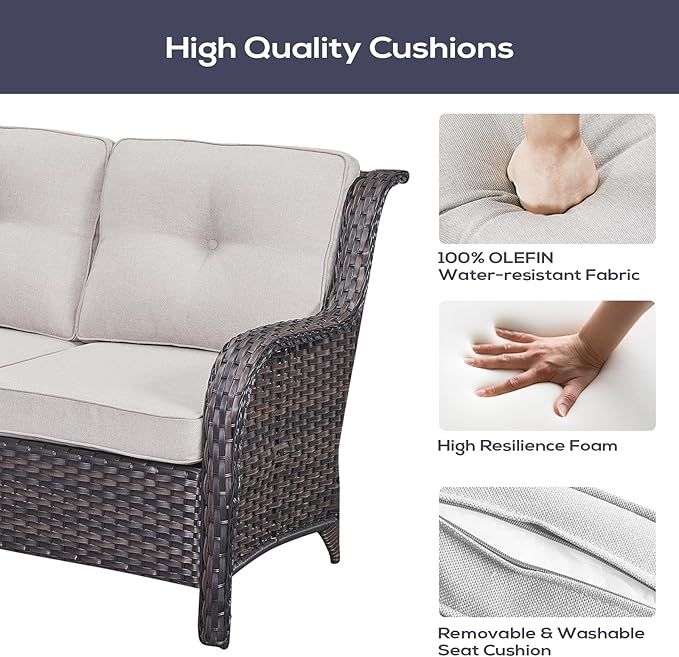 Outdoor Patio Furniture Set with 50000BTU Propane Fire Pit Table, 4 Pieces Wicker Patio Conversation Set with 2 Swivel Rocker Glider Chairs Rattan Sofa Beige Cushion Perfect for Gathering