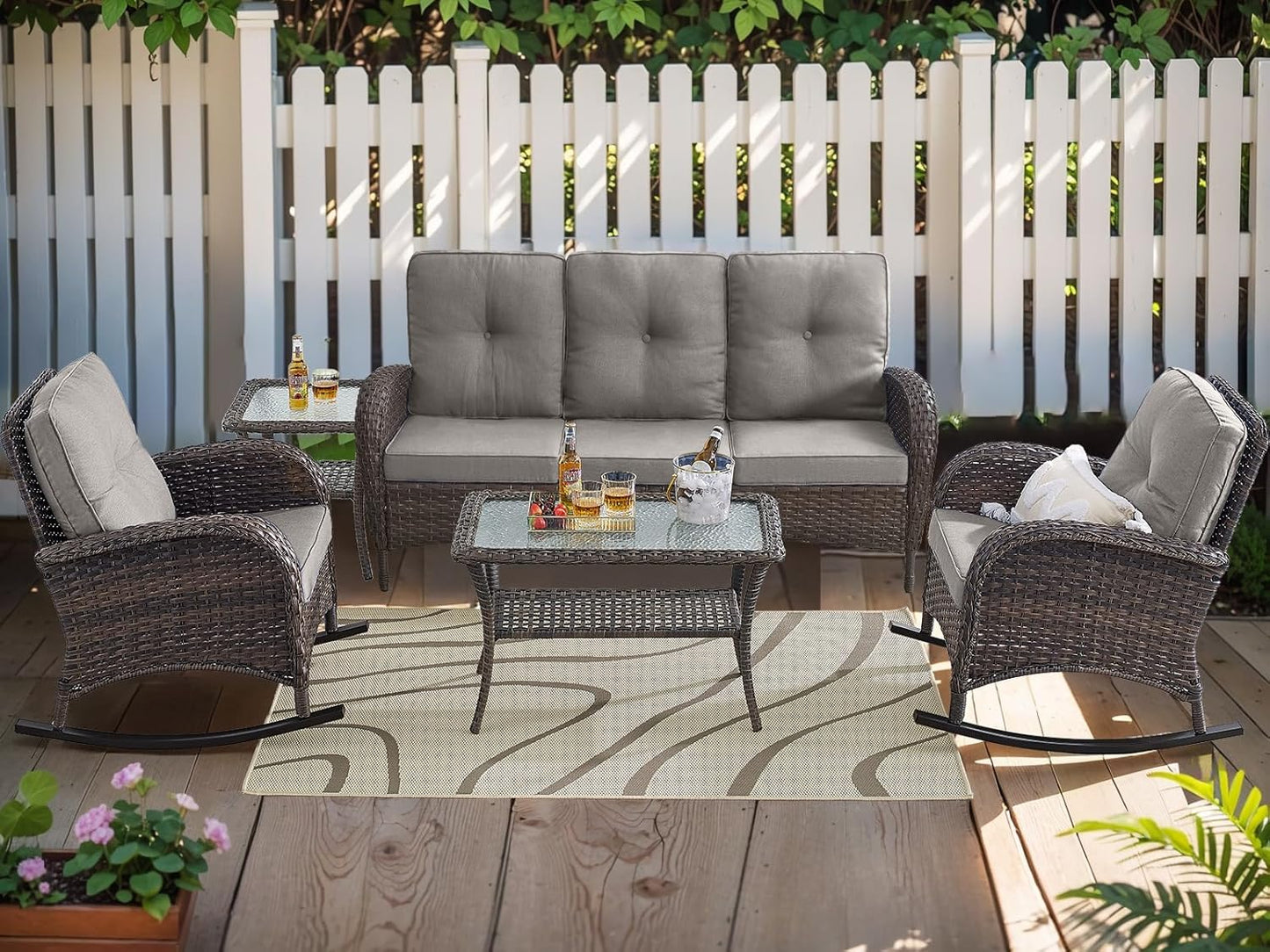 HUMMUH 5-Piece Outdoor Patio Furniture PE Wicker Patio Conversation Set,All-Weather Outdoor Rocking Chairs with Patio Couch Tables for Backyard,Poolside,Deck