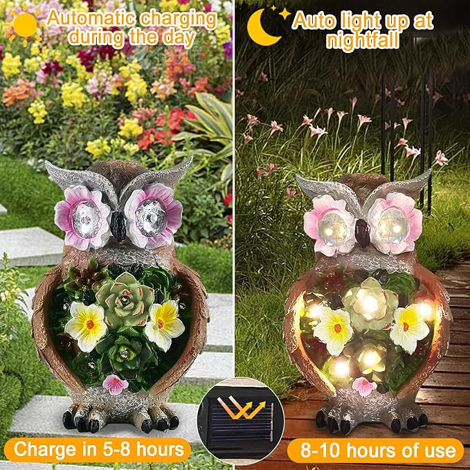 Owl Garden Statue,Solar Garden Statues with Flower LED Lights, Resin Owl Figurine for Lawn Patio Porch Yard Deco Gifts for Women/Mom/Grandma