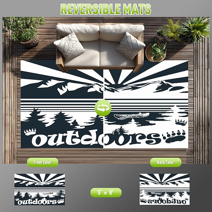 WILDROOTS 5x8 Feet Mountain & Sea Ship Plastic Outdoor Rug, Stain Resistant Waterproof Reversible Outdoor Patio Rug, Fade Resistant Camping Rug