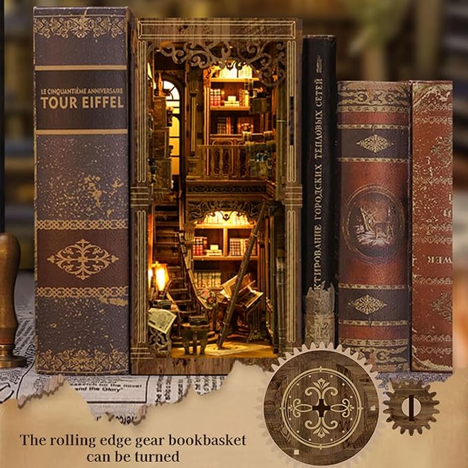 ISSEVE Book Nook Kit, DIY 3D Wooden Puzzle Dollhouse Booknook for Adults, Tiny Miniature House Kit Bookshelf Decor with LED Light and Dust Cover, Gifts for Family and Friends (Book Collection Room)