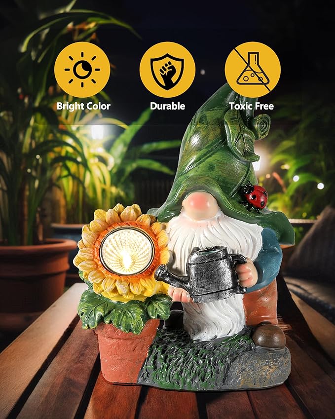 Solar-Powered Garden Gnome Watering Can Sunflower - 12 in Garden Decor Gnomes Decorations for Yard Lawn Ornaments Outside Statue Figurine LED Lights (Gnome)