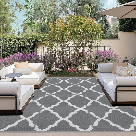 OutdoorLines Outdoor Plastic Area Rugs for Patio 6x9 ft - Reversible Outside Carpet, Stain & UV Resistant RV Mats, Straw Rug for Camping, Deck Garden, Porch and Balcony, Moroccan Grey & Light Grey
