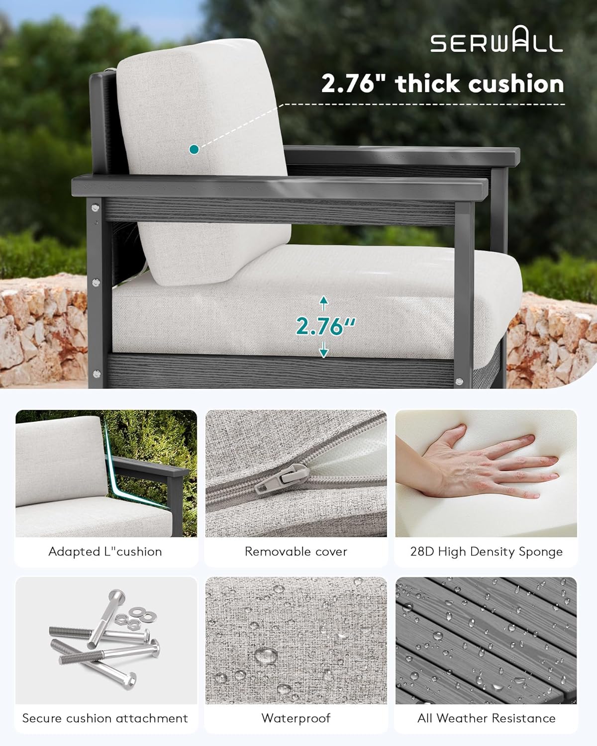 SERWALL 8 Pieces HDPE Outdoor Conversation Sofa Set with Cushions, All Weather Use Couch Loveseat Furniture Set with Pads, Outdoor Social Sofa Coffee Table Set, Grey Frame with Khaki Cushions