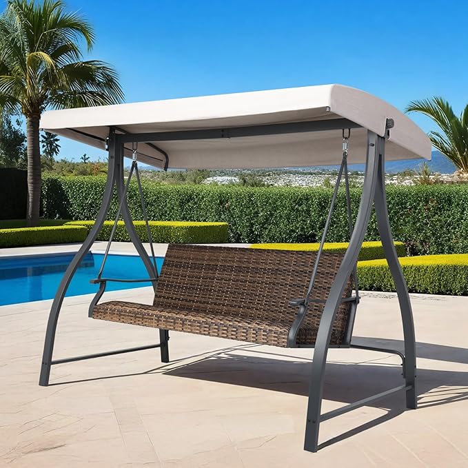 BPS 3 Seat Outdoor Porch Swing with Adjustable Canopy, PE Wicker Patio Swing Chair with Quick-Drying Foam Seat, 882 LBS Capacity, Proch Swings for Deck, Backyard, and Lawn, Khaki