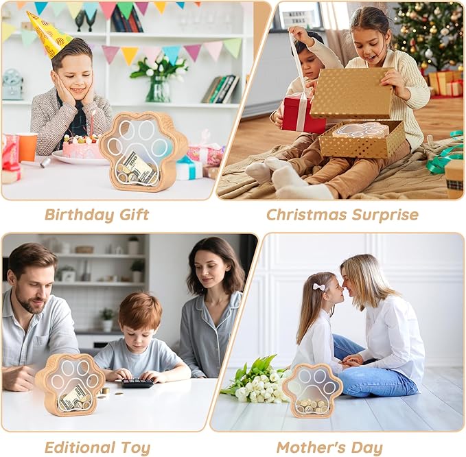 KMC Wooden Cat Caw Piggy Bank, Dog Paw Money Box for Boy Clear Piggy Bank for Girl Small Initial Coin Bank Personalized Gift for Birthday and Festival(Natural)