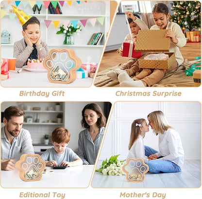 KMC Wooden Cat Caw Piggy Bank, Dog Paw Money Box for Boy Clear Piggy Bank for Girl Small Initial Coin Bank Personalized Gift for Birthday and Festival(Natural)