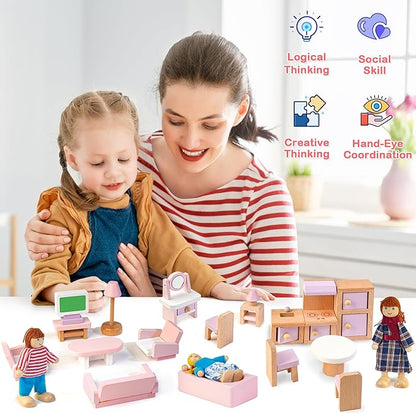 Kizfarm Wooden Dollhouse Furniture Set with 4 Family Dolls, 26 Pcs Pretend Play Dollhouse Accessories for 4 Rooms, Pink Furniture Toys Birthday Gifts for Girls Boys Age 3+