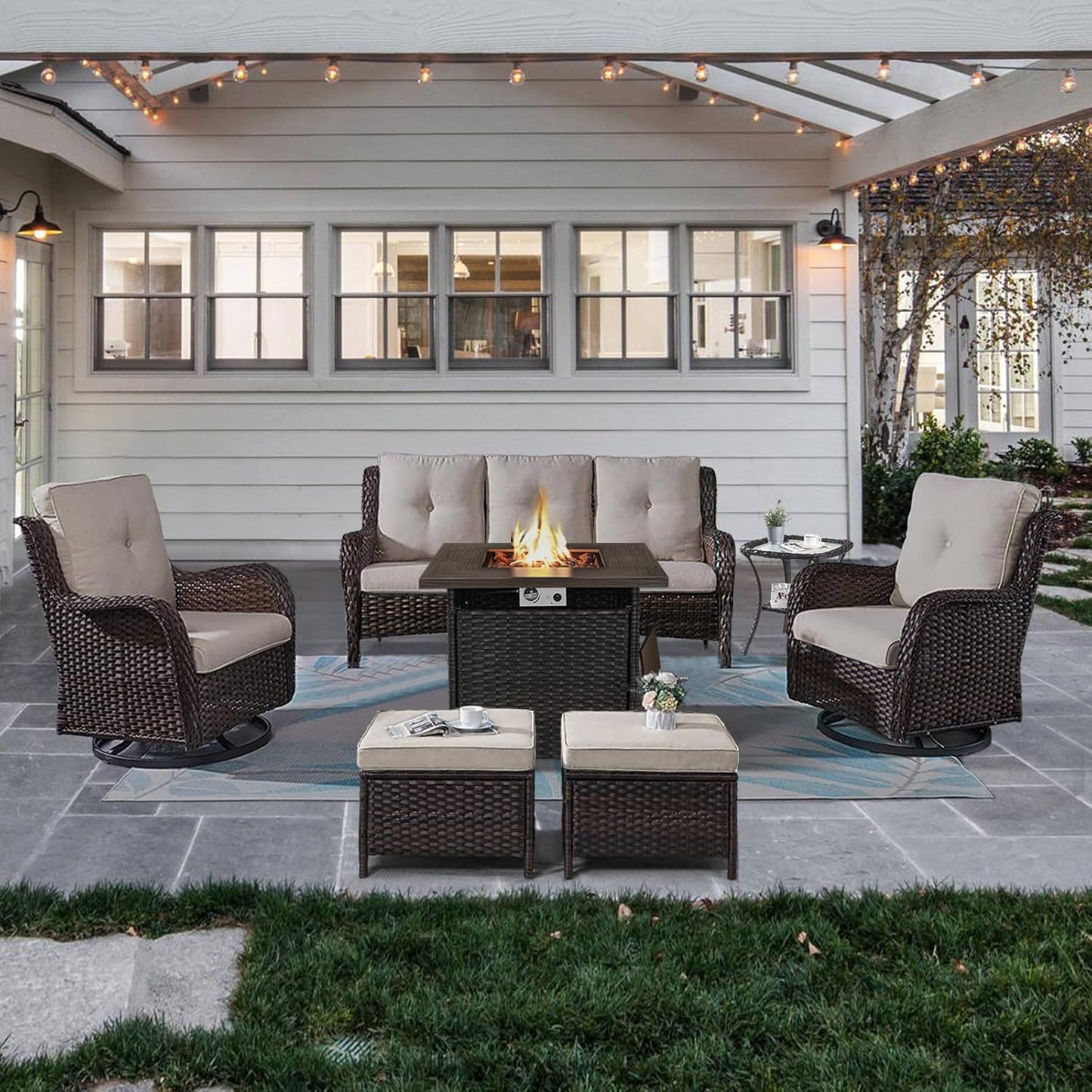 Outdoor Patio Furniture Set with 50000BTU Propane Fire Pit Table, 7 Pieces Wicker Patio Conversation Set with 2 Swivel Glider Rocker Chair Rattan Sofa Beige Cushion Perfect for Casual Gathering