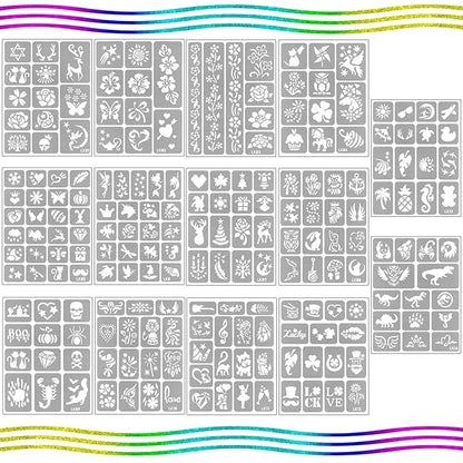 Yazhiji 390 PCS Temporary Tattoo Stencils, Face and Body Paint Stencils Kit, Girl Boy Glitter Tattoos Stencils Pack for Kids School Show Birthdays Halloween Christmas Party Favor Supplies