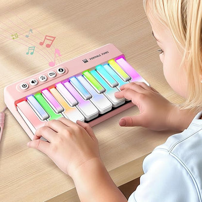 iPlay, iLearn Kids Mini Piano Toy W/Rainbow Lights, Portable Travel Piano Keyboard Toddlers Musical Instrument Learning Toys, Music Interactive Birthday Gift for 2 3 4 5 6 Year Old Girls Children