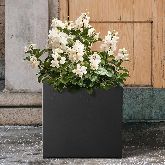 Kante 12 Inch Square Concrete Planter for Outdoor Indoor Home Patio Garden, Large Plant Pot with Drainage Hole and Rubber Plug, Black