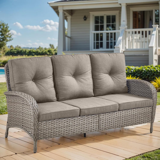 HUMMUH Outdoor Patio Couch-Outdoor Rattan Couch with Thick Cushions Outdoor Sofa for Deck Lawn Porch Balcony Poolside-Grey/Grey