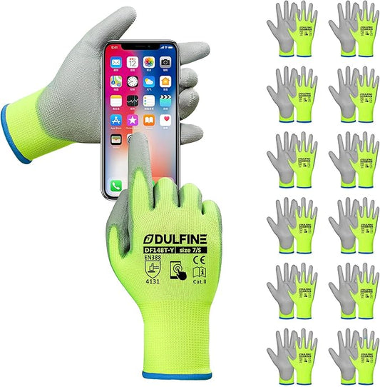 Safety Work Gloves PU Coated for Men and Women-12 Pairs,Hi-Vis Yellow Seamless Knit Glove with Two Fingers Touchscreen,Ideal for General Duty Work (Small)