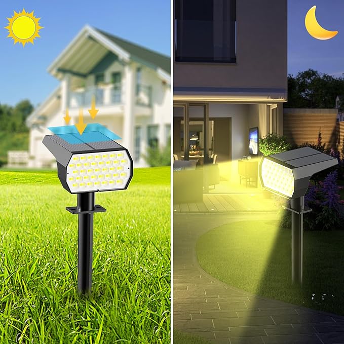 Solar Spot Lights Outdoor, [2 Pack/74 LED/3 Colors] 2-in-1 Solar Landscape Spotlights, IP65 Waterproof Auto On/Off Solar Powered Security Lights for Yard Garden Pathway Walkway