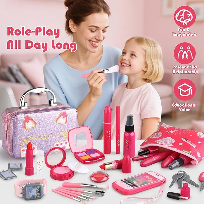 Girl Gift Pretend Makeup for Toddlers 3-5 4-6, Fake Makeup Set with Cat Commetic Case, Play Makeup for Kids Age 3 4 5 Year Old, Toddler Make Up Kit for Little Girls Birthday