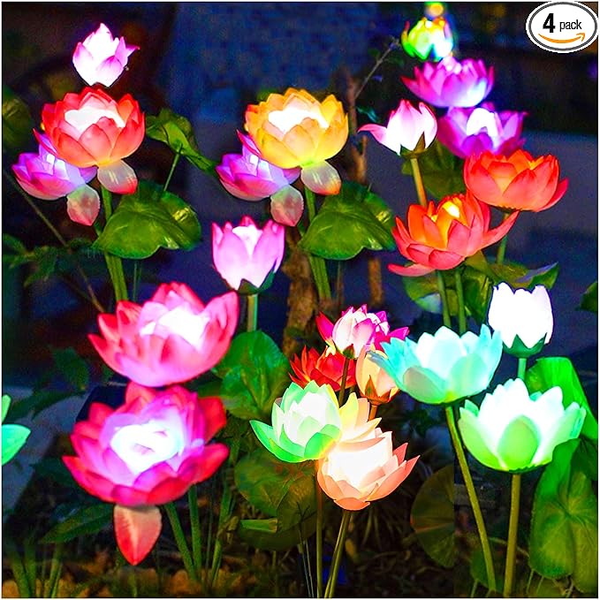 Solar Garden Lights - Solar Flower Lights, 7-Color Changing Lotus Lights for Yard, Garden Decoration, Bigger Solar Panel & Realistic Lotus Flowers (4 Pack)