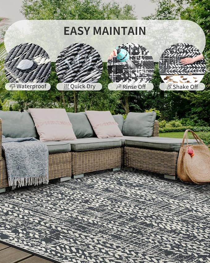 MontVoo Outdoor Rug Waterproof-Patio Rug Mat 5x8 Outdoor Carpet Reversible RV Camping Picnic Plastic Straw Rug Outside Outdoor Area Rug for Balcony Deck Backyard Patio Decor Boho Modern Abstract