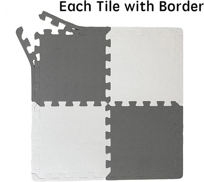18 Pieces Foam Play Mat, Interlocking Playmat Tiles, Foam Floor Mat Tiles for Kids, Puzzle Play Mats, Exercise Gym Mats – Color of Gray & White with Border
