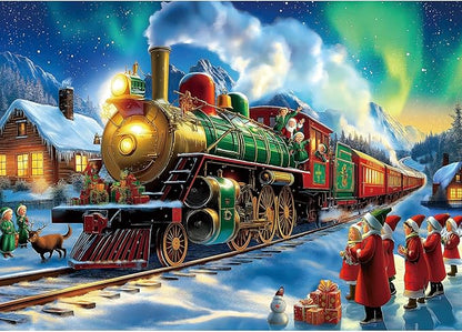 Christmas Train 1000 Piece Puzzle for Adults - Vintage Winter Holiday Jigsaw Puzzles with Northern Lights Scene - Challenging Adult Christmas Puzzles for Game Night, Seasonal Decor