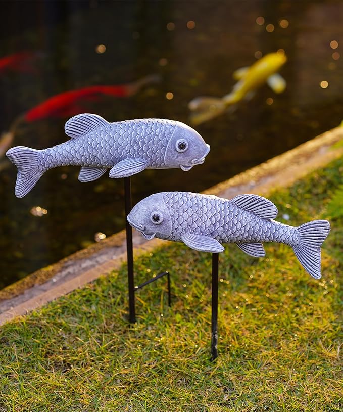 Outdoor Koi Fish Statues 2Pack: Garden Sculpture Ornaments Pond Decor for Yard Lawn Patio Porch Outside Decorative Gifts for Grandma Women Mom