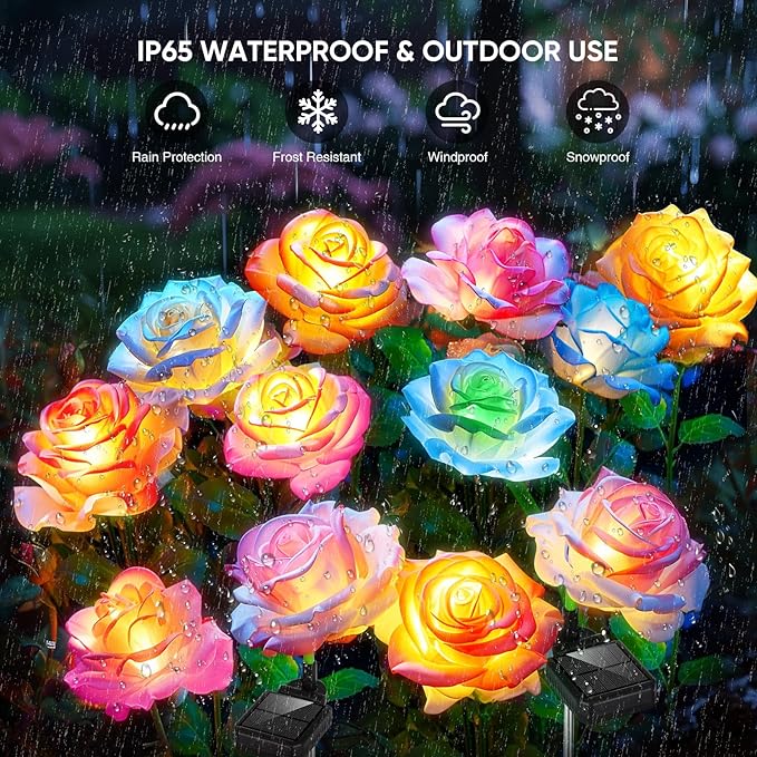 Solar Garden Lights, 6 Pack Solar Flowers Outdoor Waterproof with Rose, Garden Lights Solar Powered Waterproof, Solar Flower Lights, Solar Lights for Outside Yard Decorations Outdoor