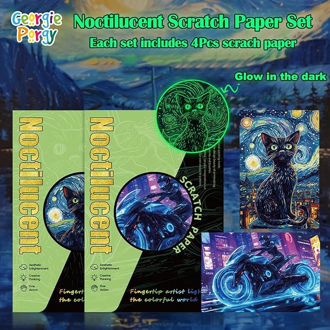 Georgie Porgy Scratch Paper Art Set for Kids Adults Magic Rainbow Scratchboards for DIY Arts and Crafts Kits Christmas Birthday Gift with Scratching Tools Kit (A5-Noctilucent Animals + Racing Cars)
