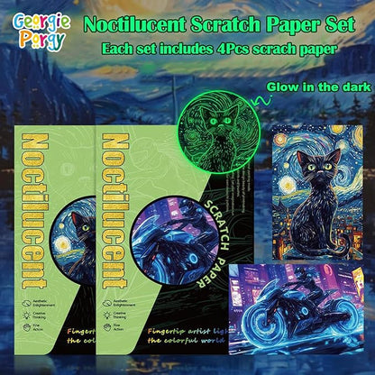 Georgie Porgy Scratch Paper Art Set for Kids Adults Magic Rainbow Scratchboards for DIY Arts and Crafts Kits Christmas Birthday Gift with Scratching Tools Kit (A5-Noctilucent Animals + Racing Cars)