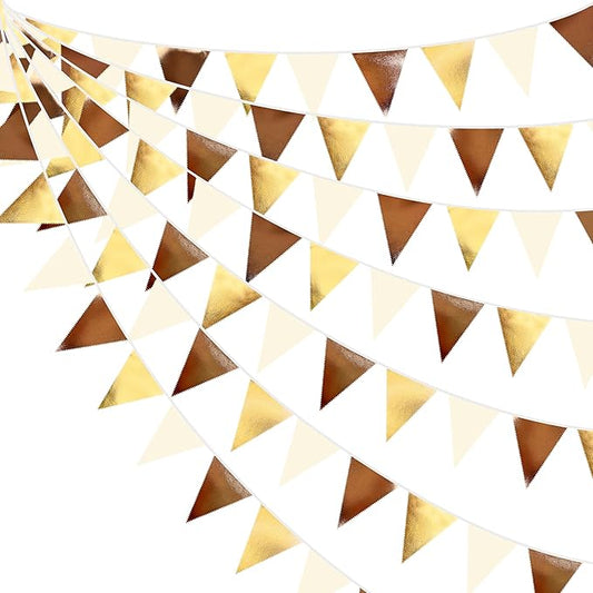 Brown Beige and Gold Party Decorations Fabric Triangle Pennant Banner Flag Bunting Garland for Boho Neutral Rustic Cowboy Western Teddy Bear Birthday Baby Shower Graduation Engagement Party Supplies