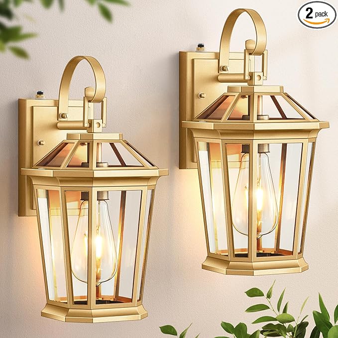 VIANIS Dusk to Dawn Outdoor Wall Lanterns, Modern Golden Exterior Lighting Fixtures Wall Mount Sconces, 100% Aluminum Waterproof Gold Porch Lights, Outside Coach Lantern for House Patio Garage, 2-Pack