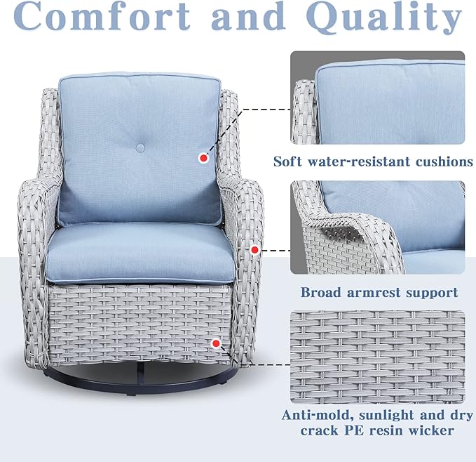 Wicker Outdoor Furniture Patio Furniture Set - 6 Piece Patio Conversation Set with Swivel Rocker Chairs, Loveseat Sofa, Ottomans and Coffee Table, Baby Blue Cushion