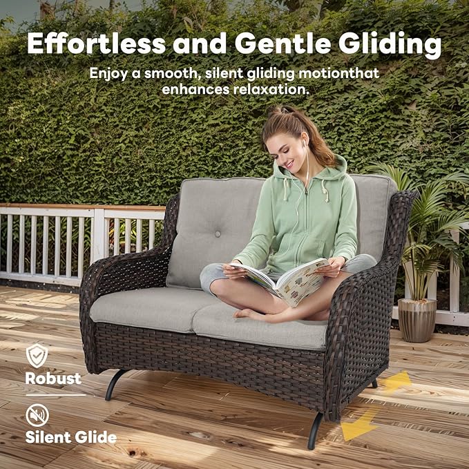 4 Piece Patio Furniture Set - Outdoor Glider Bench with Swivel Rocker Chairs and Coffee Table, High Back Small Outdoor Conversation Furniture Sets for Deck Sunroom Balcony Backyard